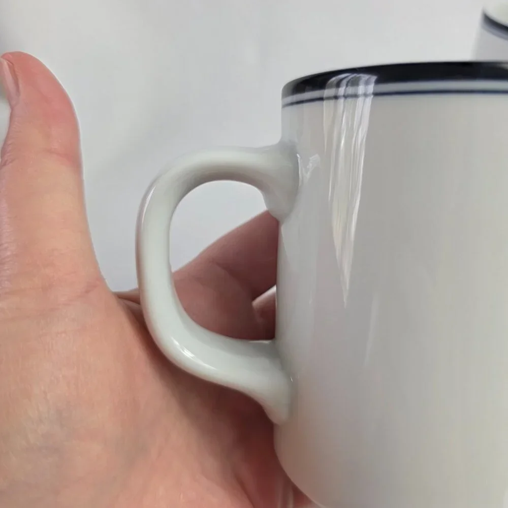 TWO Dansk Allegro Blue Mugs White with Two Blue Bands on Rim